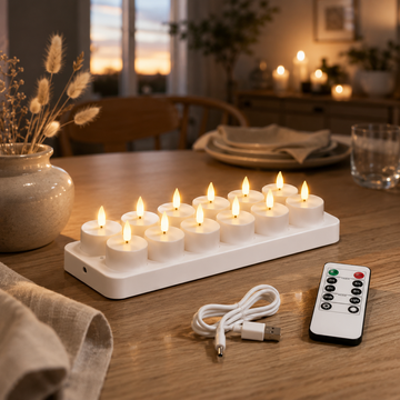 LumiGlow Recharge – 12-pack uppladdningsbara LED-värmeljus med laddstation & fjärrkontroll